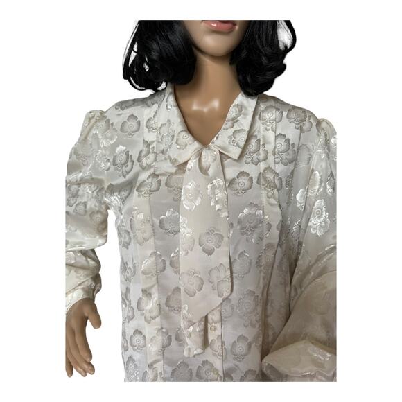 Vintage JOZELL Puff Sleeve 80's cream floral print blouse with necktie size 9/10 - Picture 11 of 16
